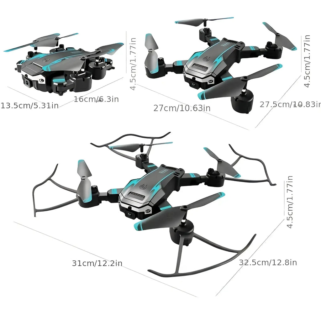 A compact foldable drone with dual cameras, obstacle avoidance, and a sleek black and teal design with protective arms