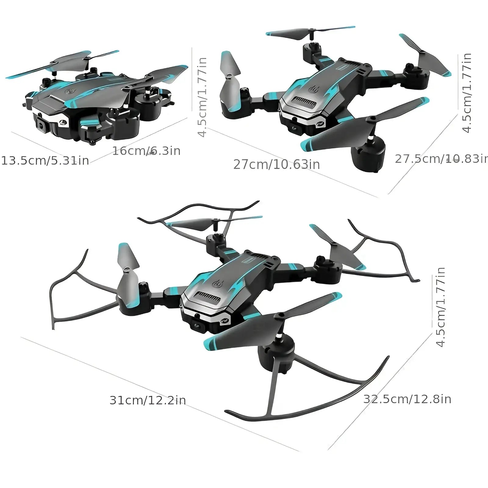 A compact foldable drone with dual cameras, obstacle avoidance, and a sleek black and teal design with protective arms