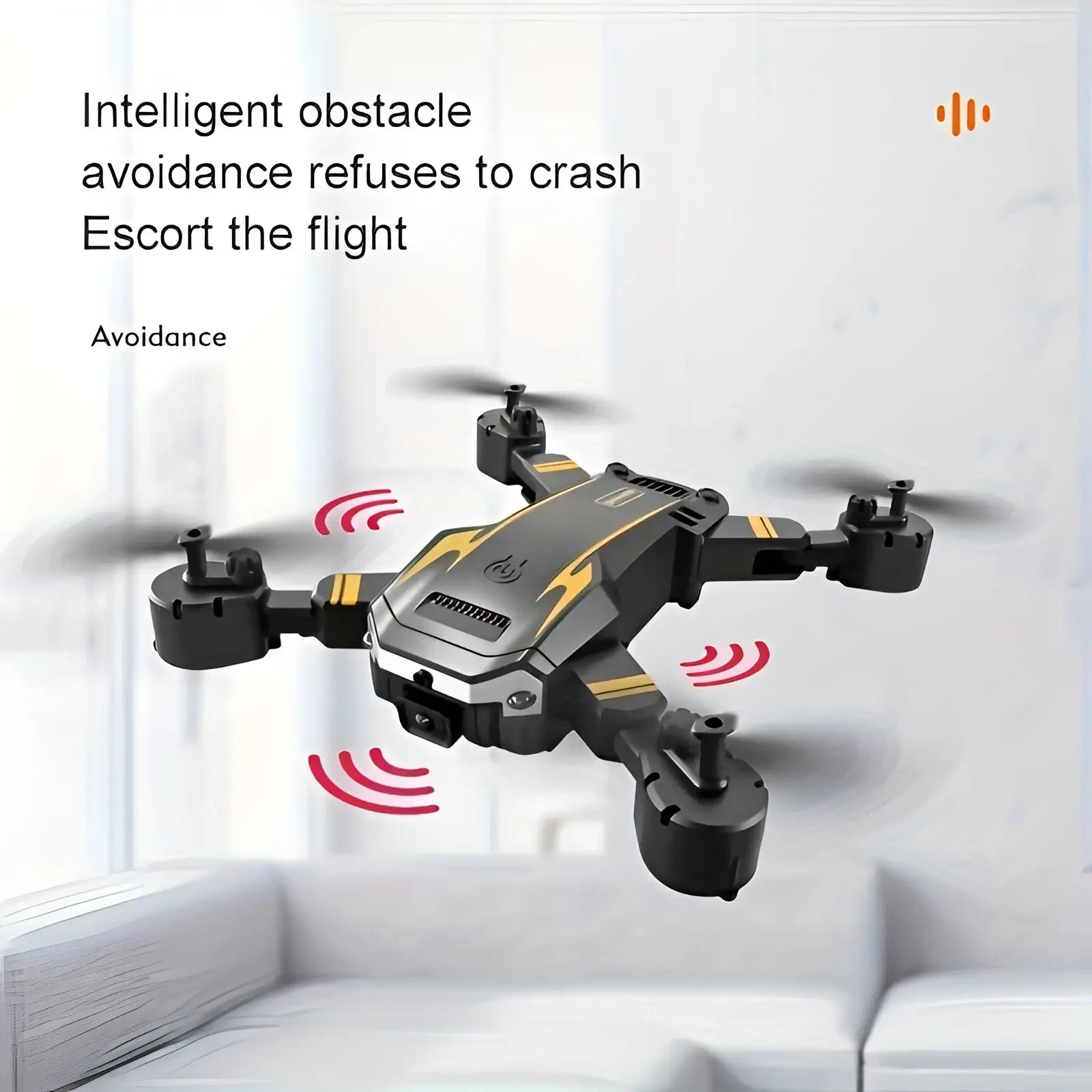 Black and yellow dual camera foldable drone with intelligent obstacle avoidance and advanced flight technology