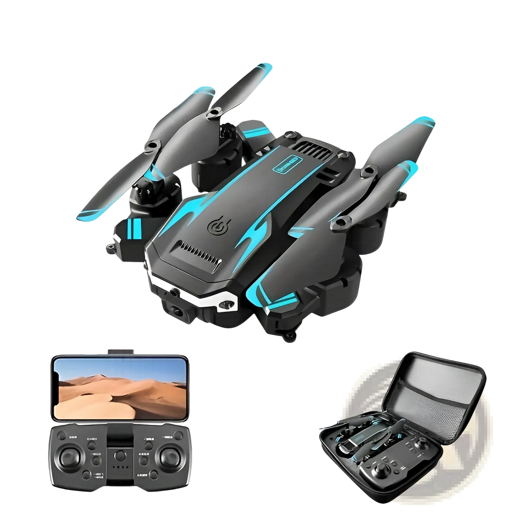 Black and teal foldable drone with dual cameras and obstacle avoidance shown from the back side