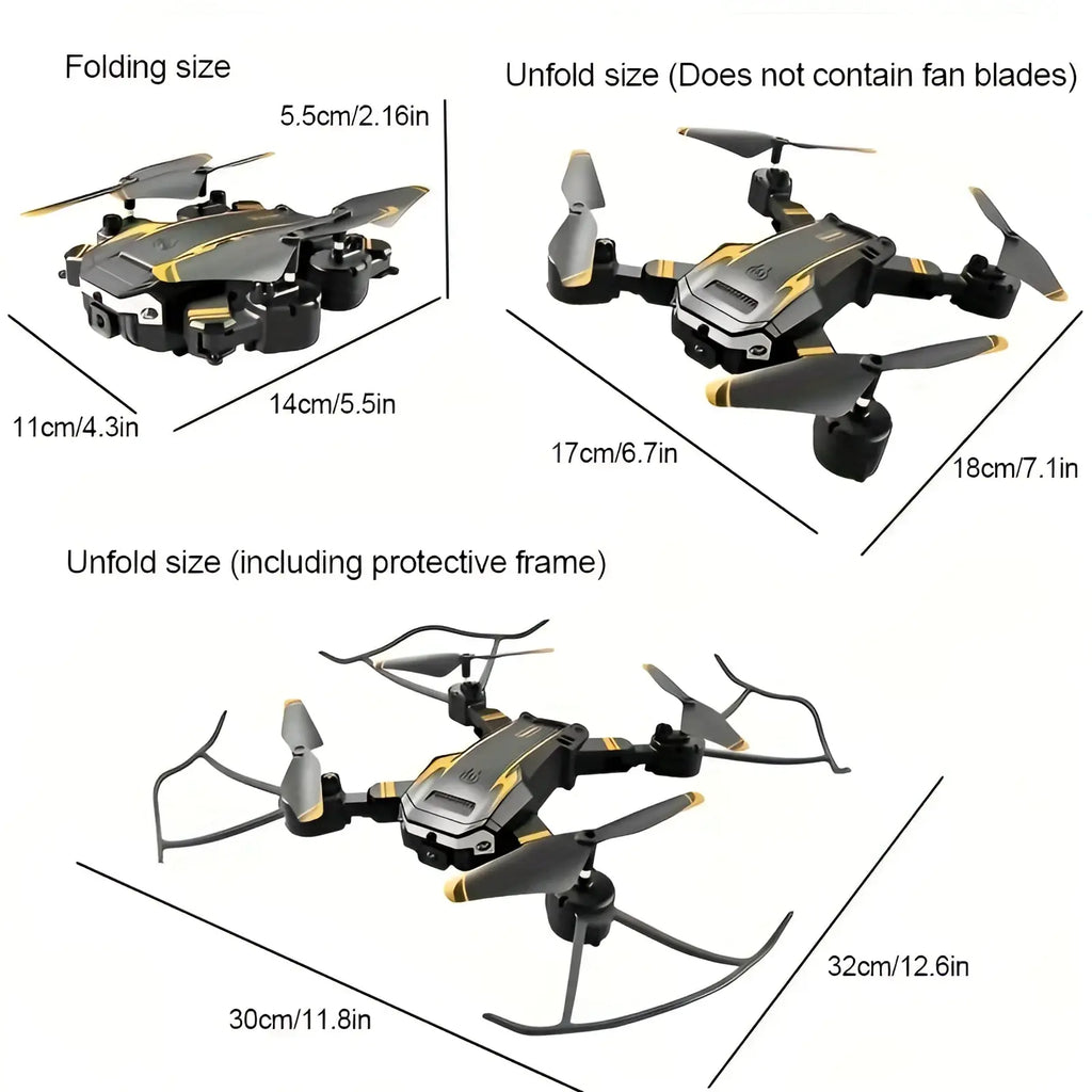 Black and gold foldable dual camera drone with protective frame featuring obstacle avoidance technology