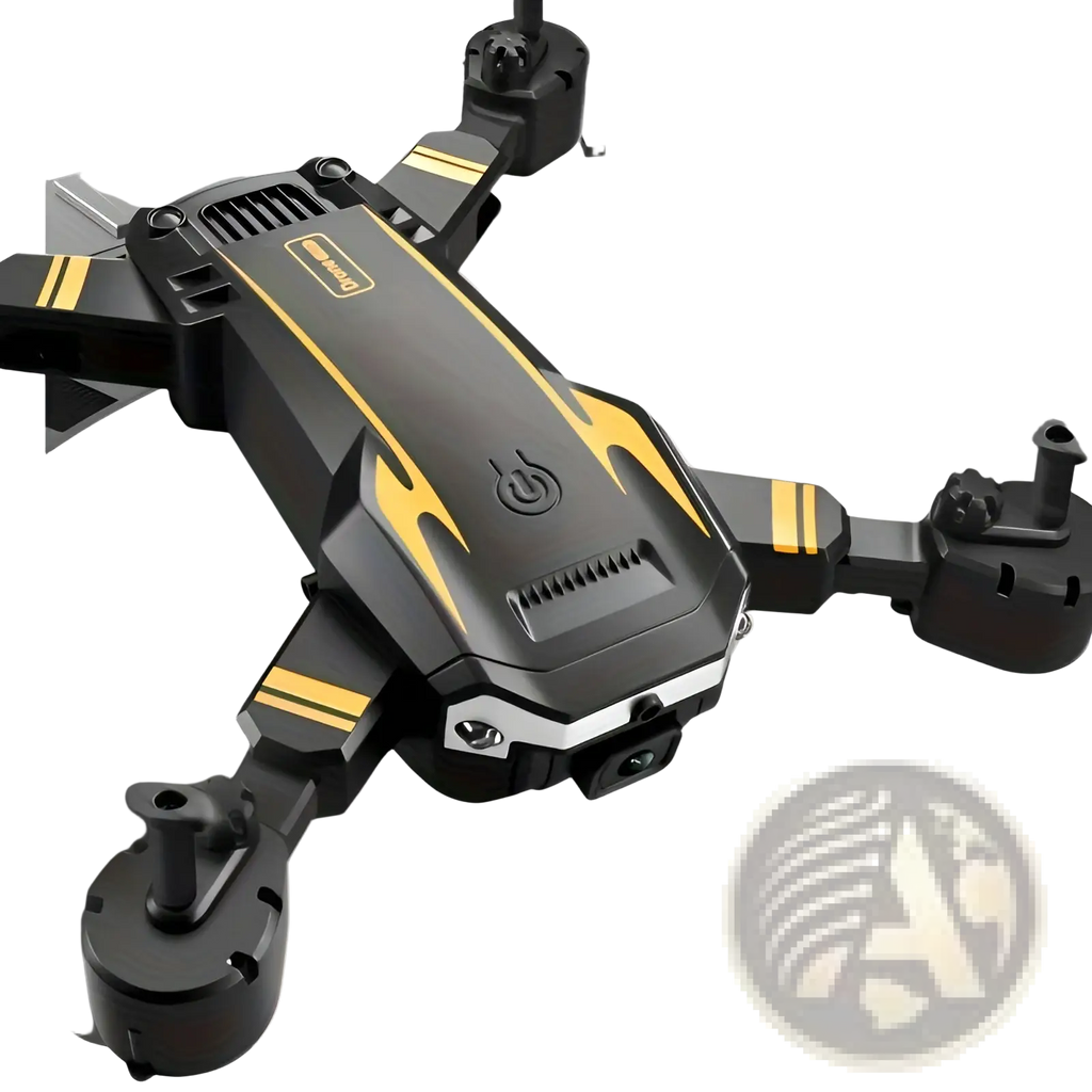 Black and yellow foldable dual camera drone with intelligent obstacle avoidance features shown from the back side