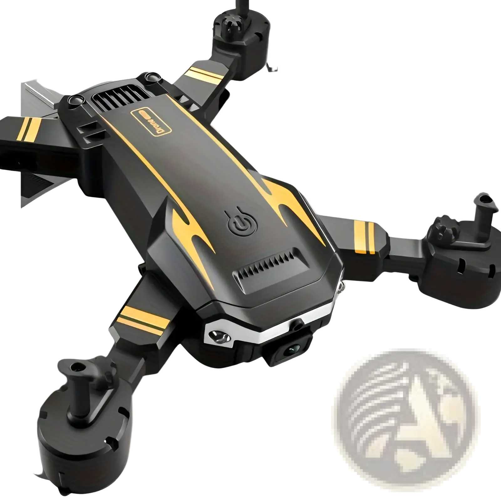 Black and yellow foldable dual camera drone with intelligent obstacle avoidance features shown from the back side