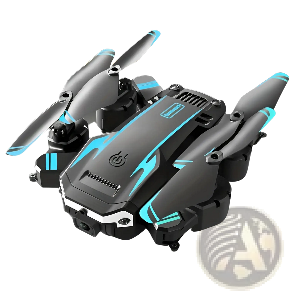 Black and teal foldable dual camera drone with obstacle avoidance shown from the back side