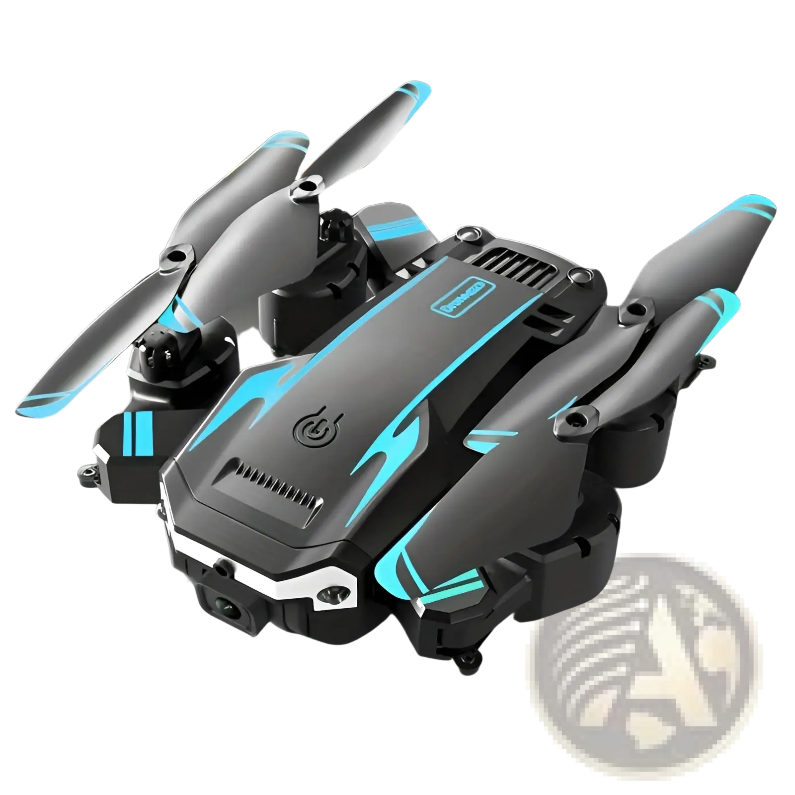 Black and teal foldable dual camera drone with obstacle avoidance shown from the back side