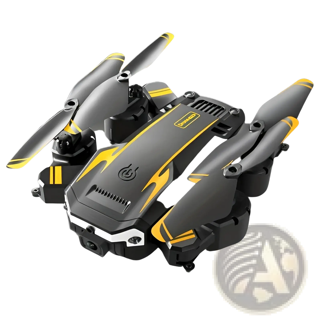 Black and yellow foldable drone with dual cameras and obstacle avoidance shown from the back side