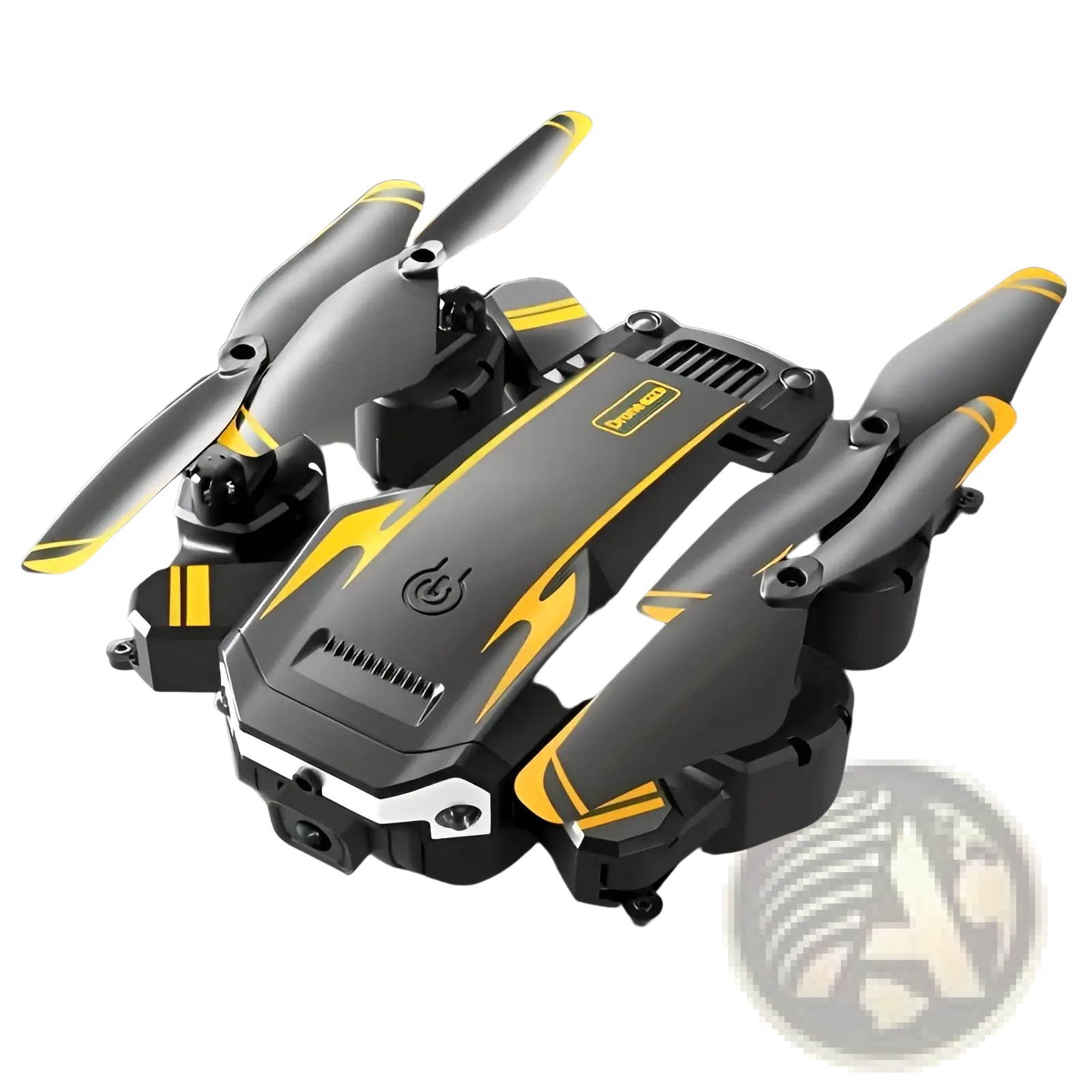 Black and yellow foldable drone with dual cameras and obstacle avoidance shown from the back side