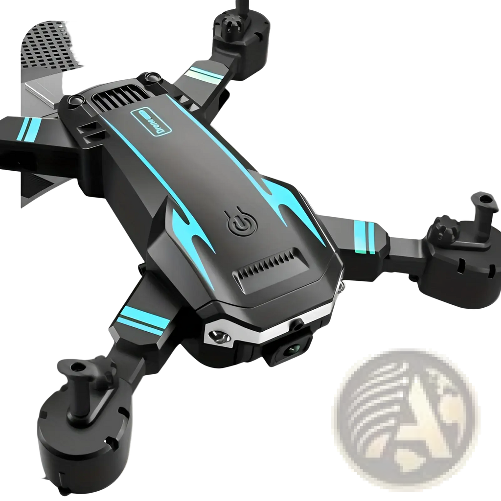Black and teal foldable dual camera drone with intelligent obstacle avoidance shown from the back side