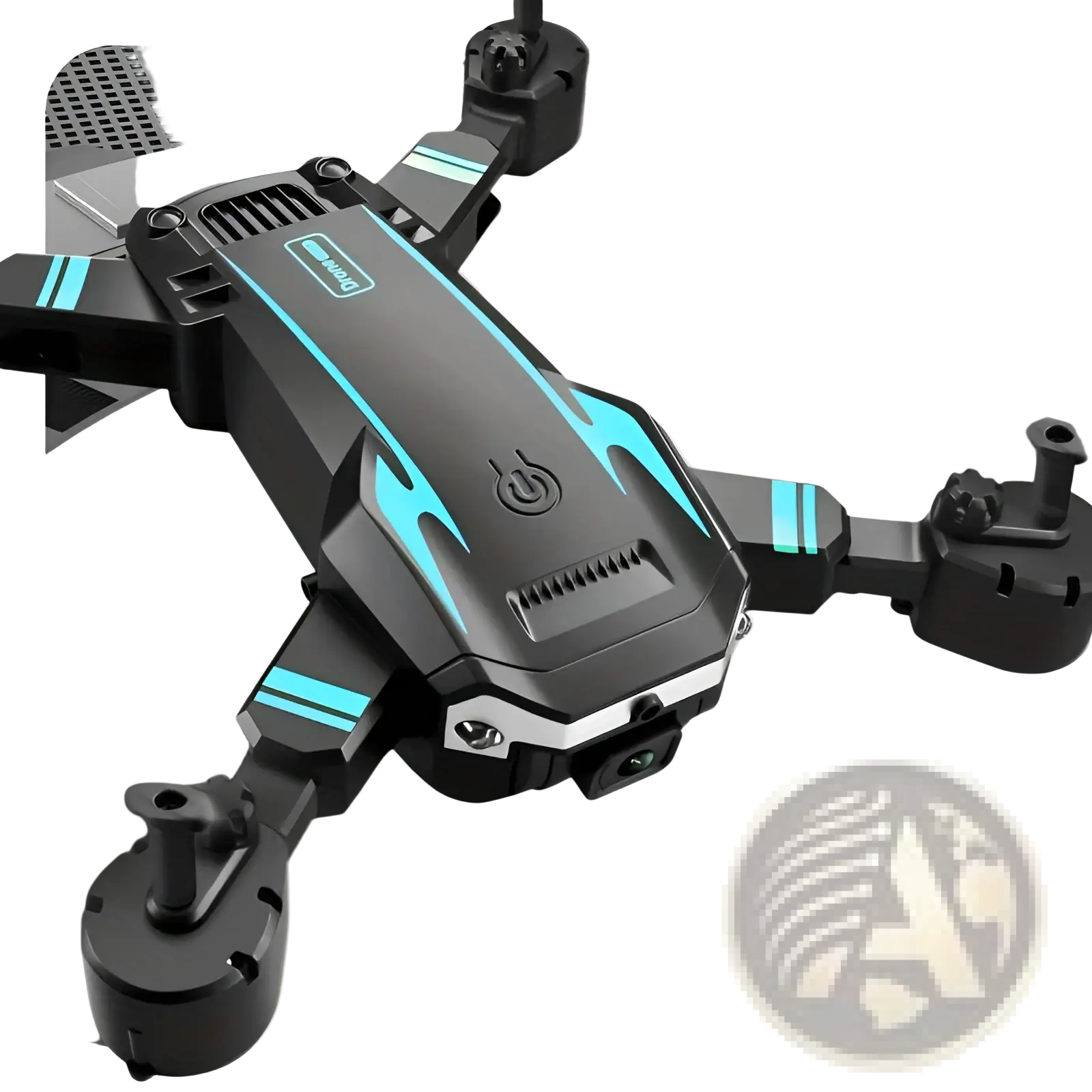 Black and teal foldable dual camera drone with intelligent obstacle avoidance shown from the back side