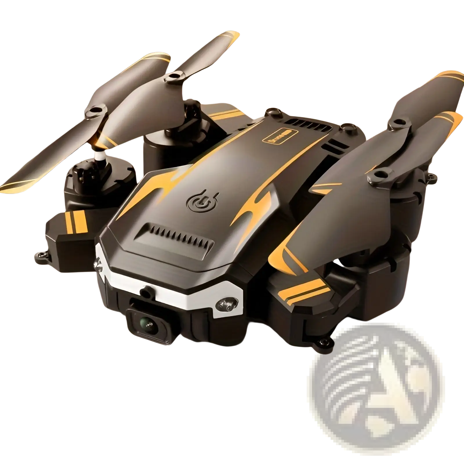 Black and gold foldable dual camera drone with intelligent obstacle avoidance shown from the back side