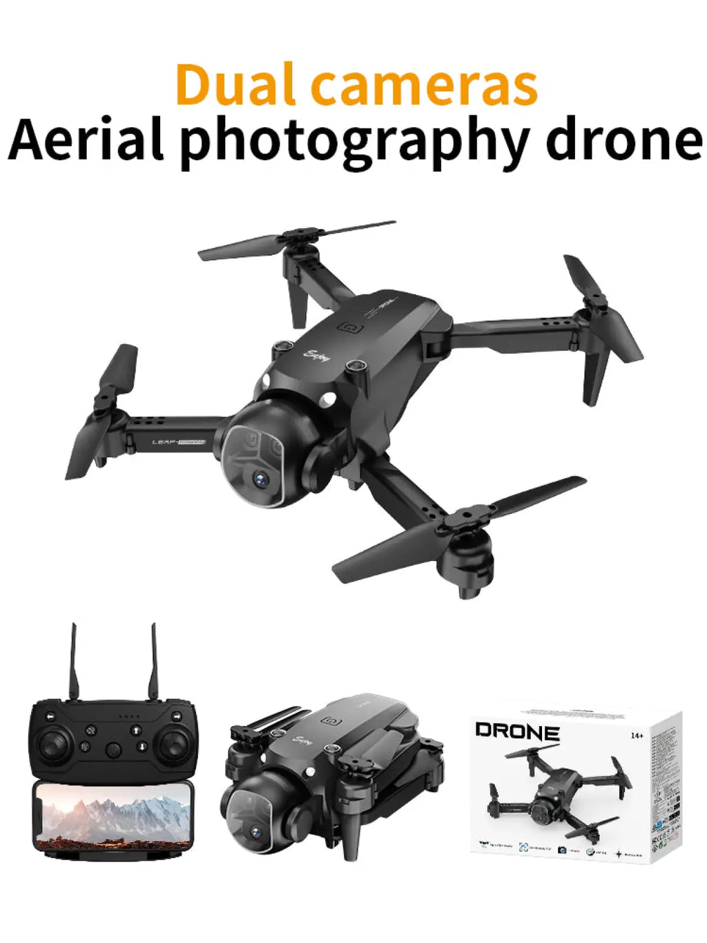 Black dual camera quadcopter drone with foldable arms and sleek matte finish designed as a foldable toy for kids