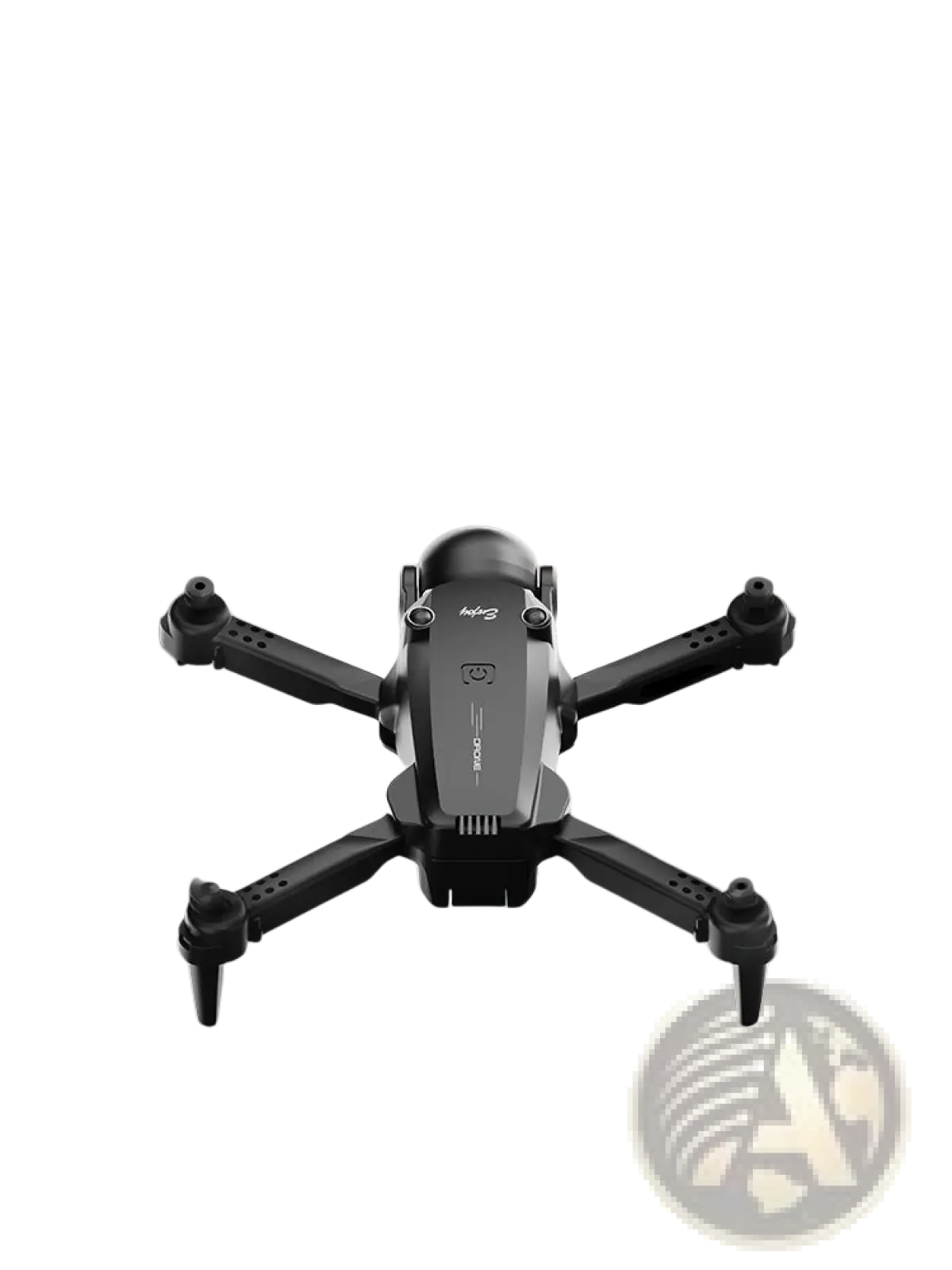 Black dual camera quadcopter drone with sleek modern design and visible branding foldable toy for kids