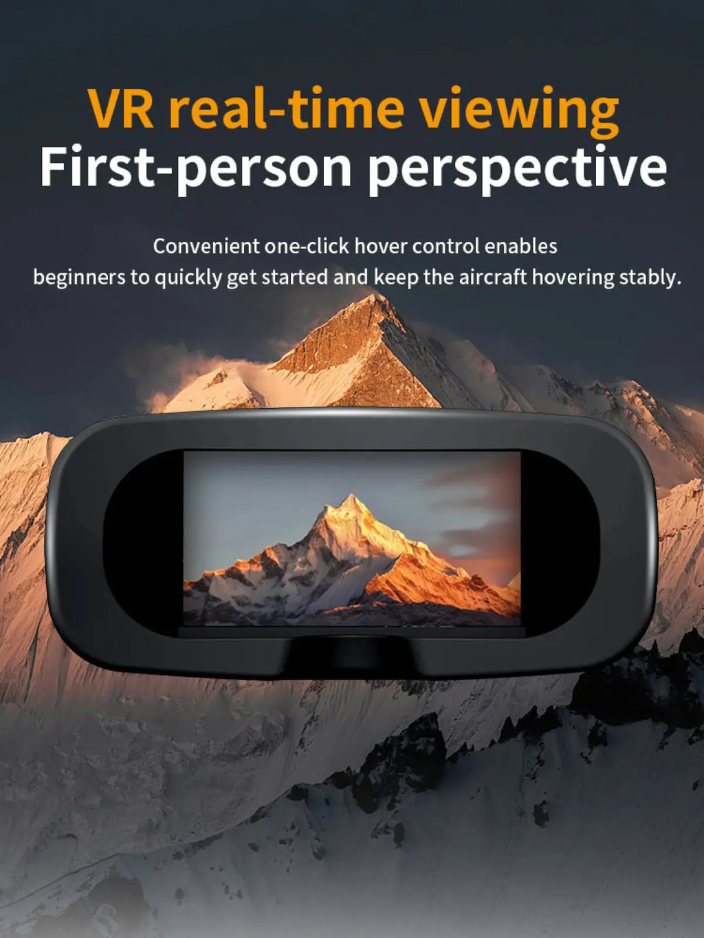 Black-framed vr headset with central screen showing snowy mountain peak for Dual Camera Quadcopter Drone foldable toy for kids