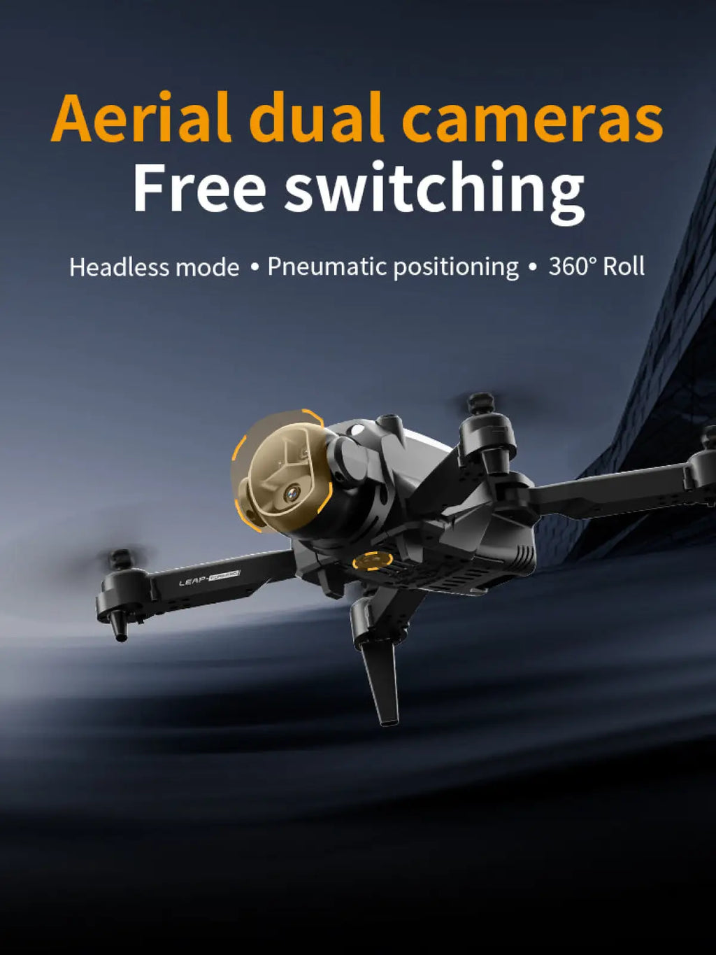 Black and gold dual camera quadcopter drone with sleek design and leap branding foldable toy for kids
