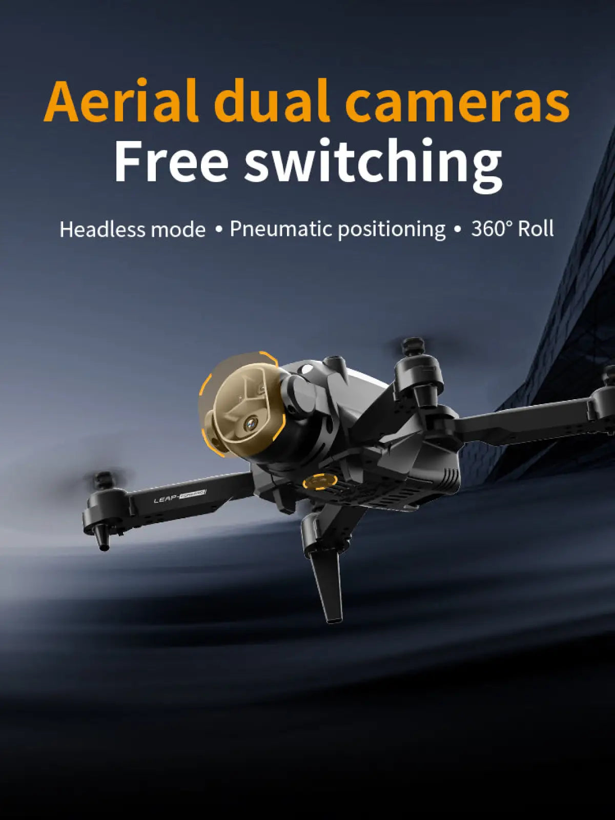 Black and gold dual camera quadcopter drone with sleek design and leap branding foldable toy for kids
