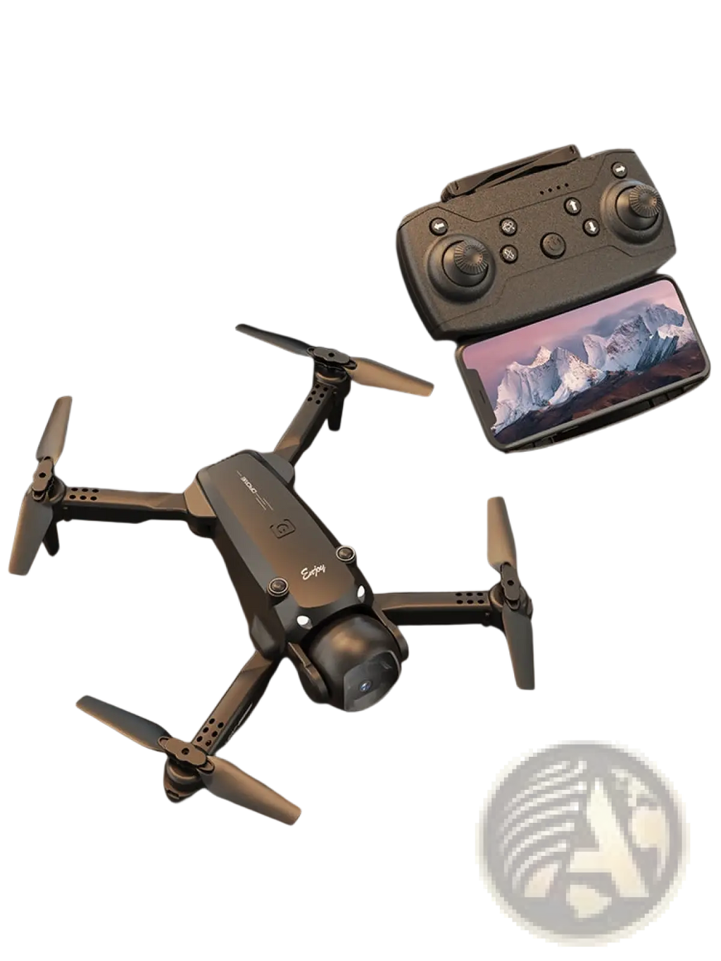 Black foldable dual camera quadcopter drone with propellers, remote control, and smartphone showing mountain scenery