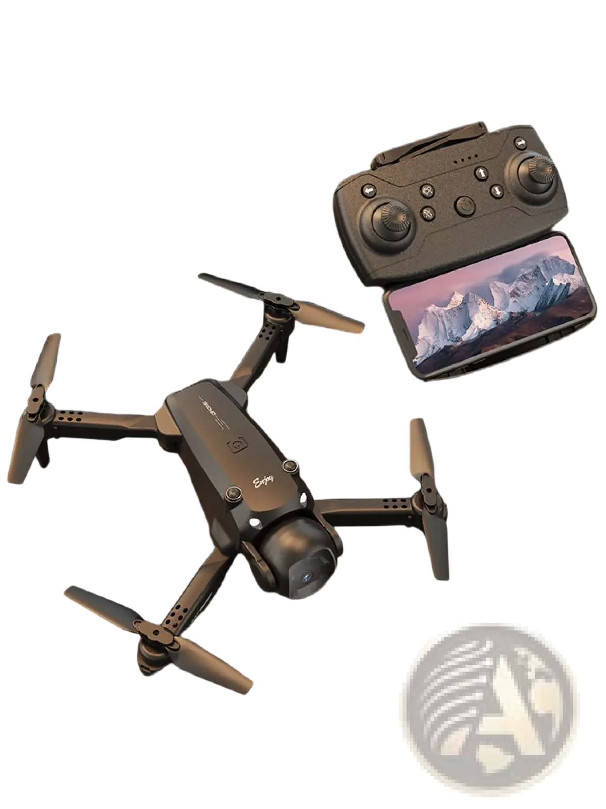 Black foldable dual camera quadcopter drone with propellers, remote control, and smartphone showing mountain scenery