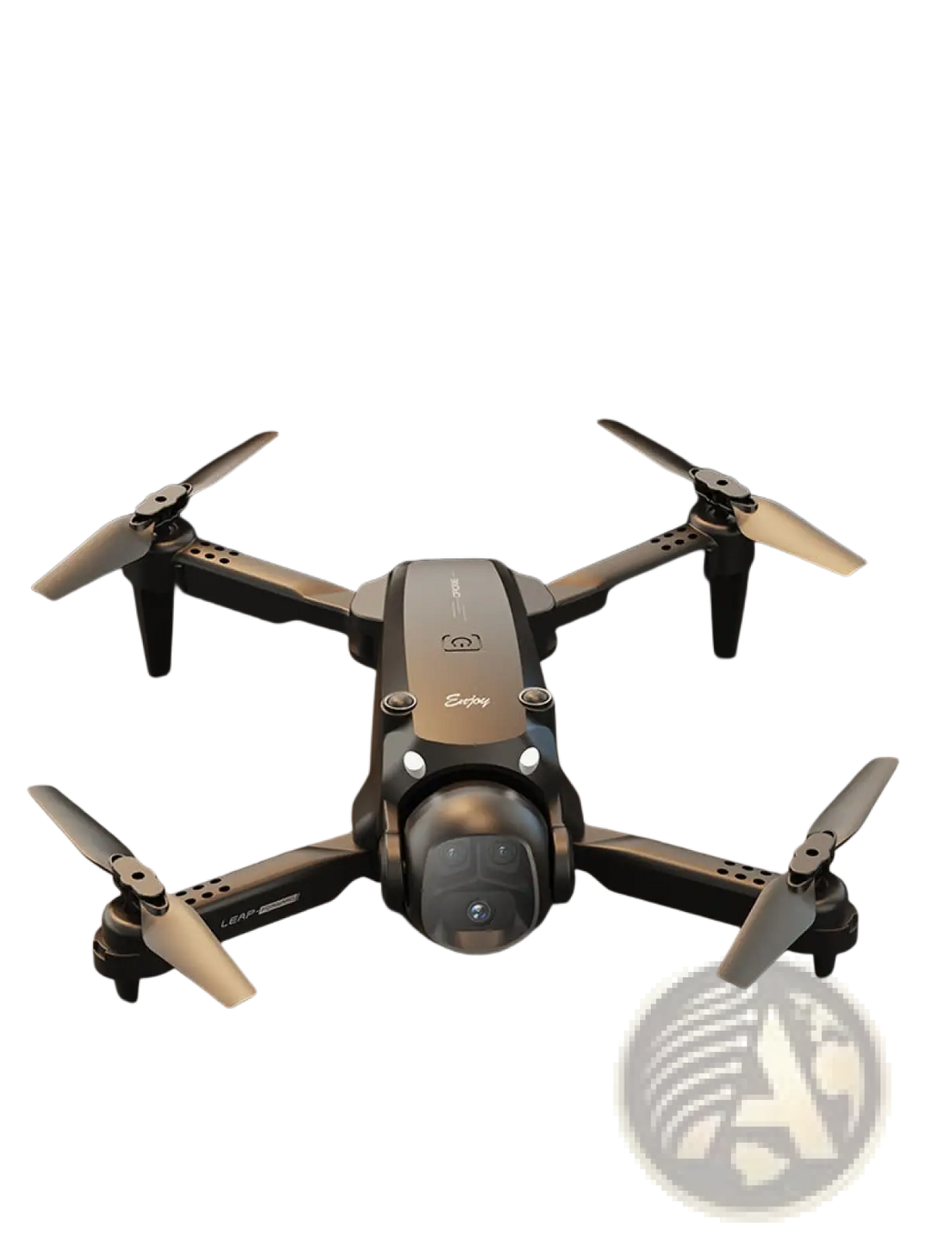 Black and silver foldable dual camera quadcopter drone with four folding propellers designed as a toy for kids