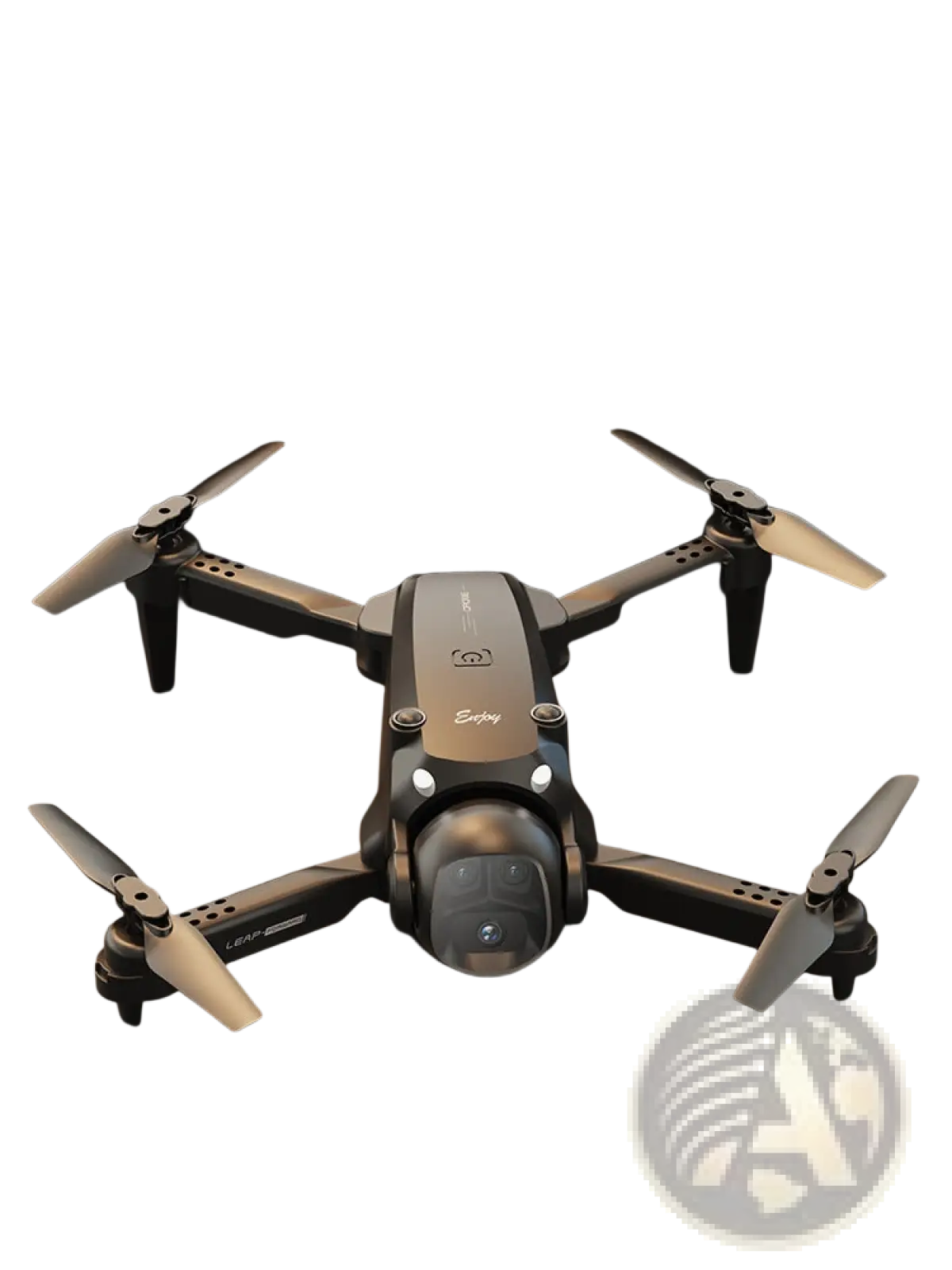 Black and silver foldable dual camera quadcopter drone with four folding propellers designed as a toy for kids