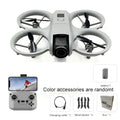 Gray dual camera quadcopter drone with central camera and black propellers shown with matching remote control
