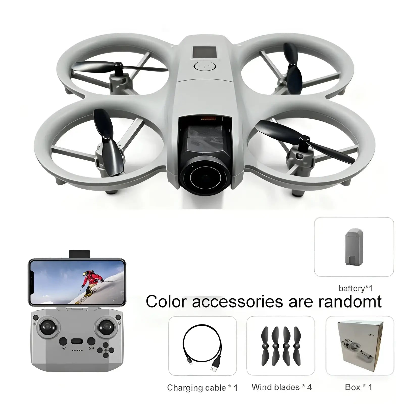Gray dual camera quadcopter drone with central camera and black propellers shown with matching remote control