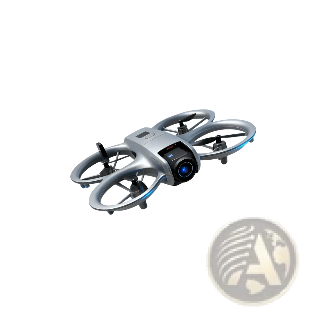 Silver dual camera quadcopter drone featuring a prominent camera lens and blue glowing propeller rings with remote control