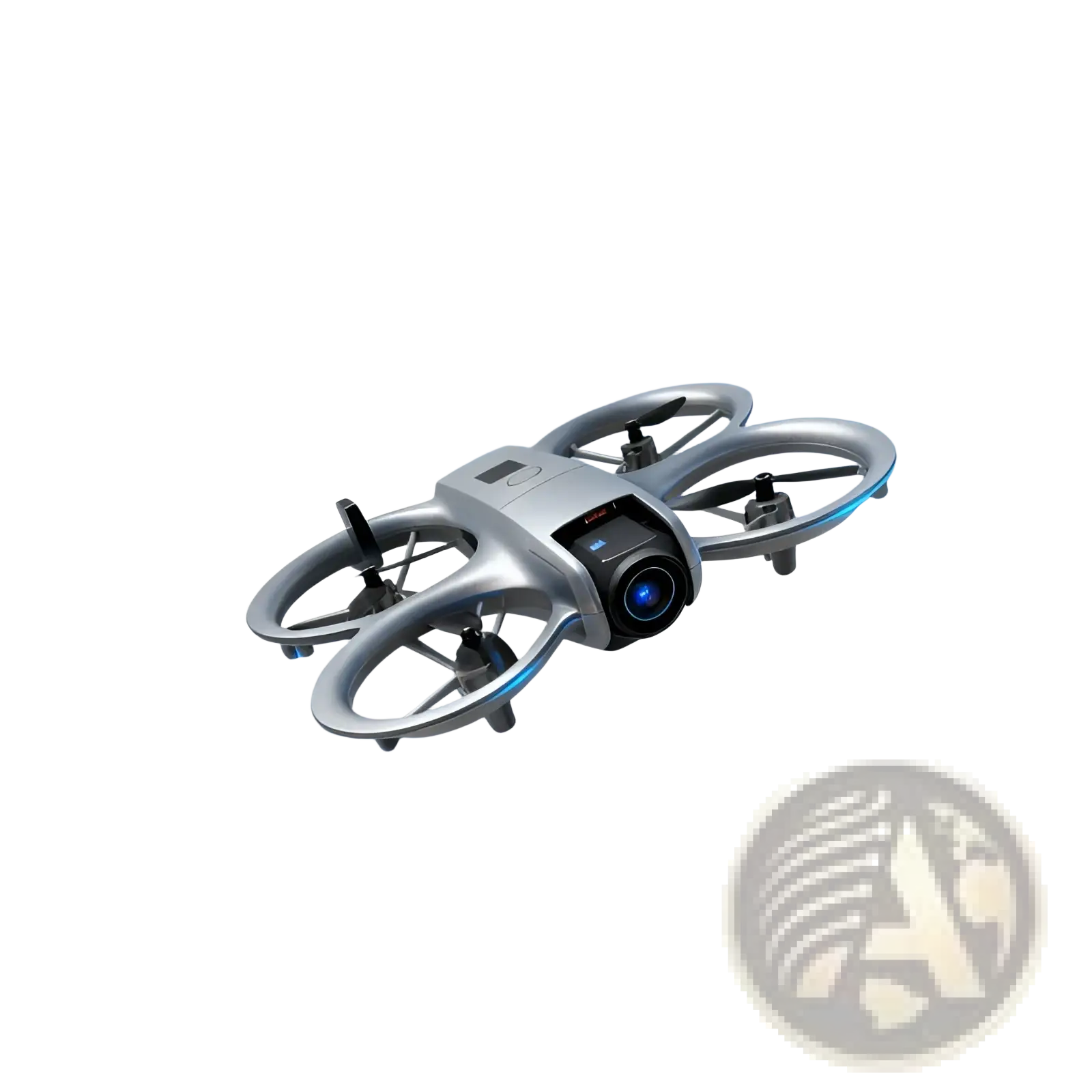 Silver dual camera quadcopter drone featuring a prominent camera lens and blue glowing propeller rings with remote control