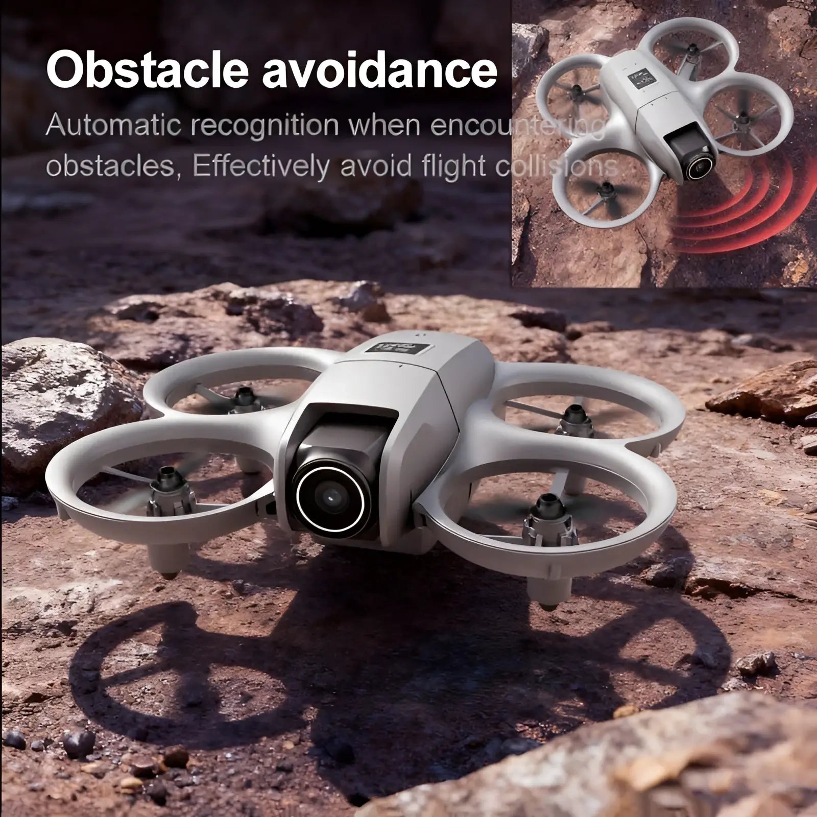 Silver dual camera quadcopter drone with front-facing camera and obstacle avoidance technology and remote control