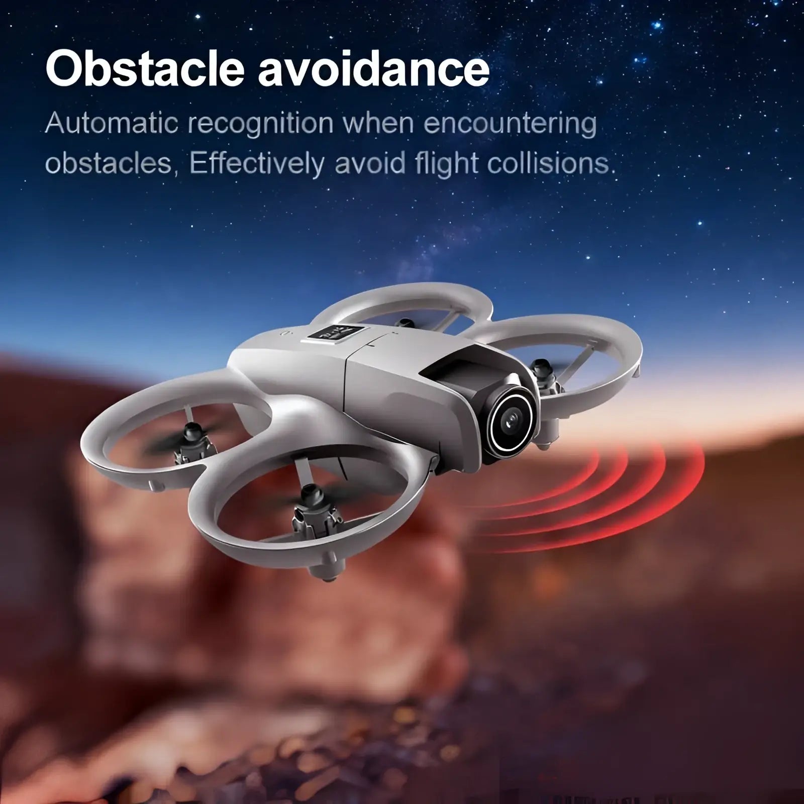Silver dual camera quadcopter drone with remote control featuring a sleek compact design and visible camera lens