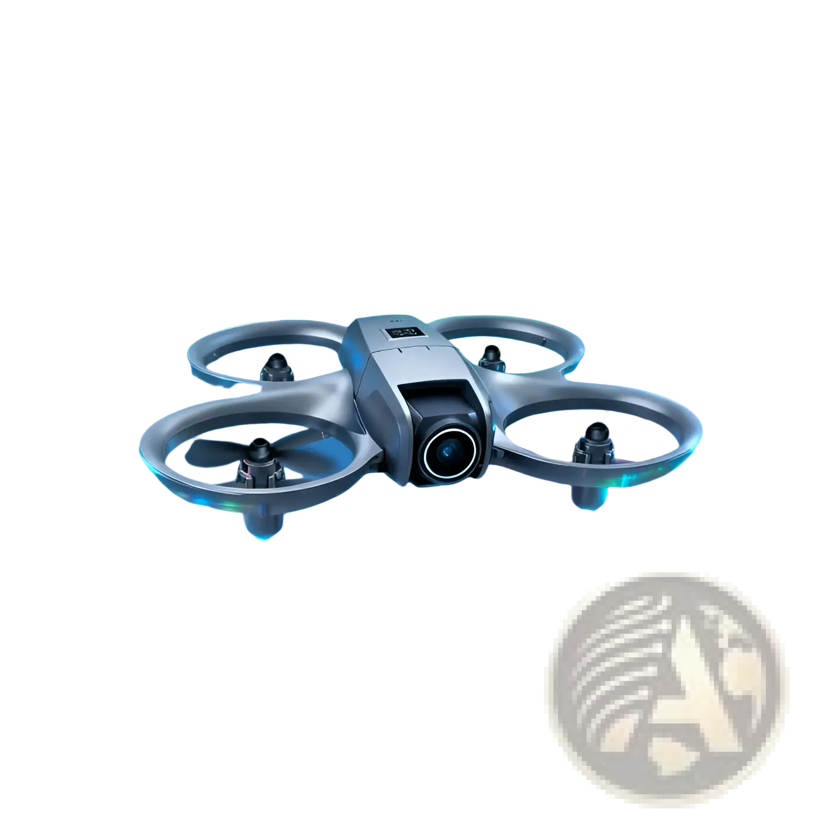 Silver dual camera quadcopter drone with remote control featuring 180 degree upward shooting capability