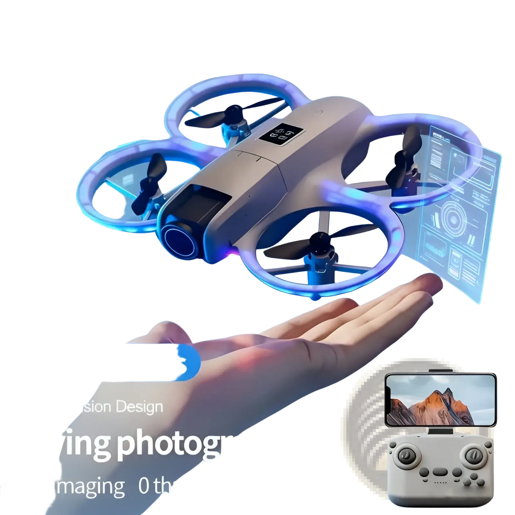A sleek light gray dual camera quadcopter drone with blue glowing propeller rings and remote control functionality