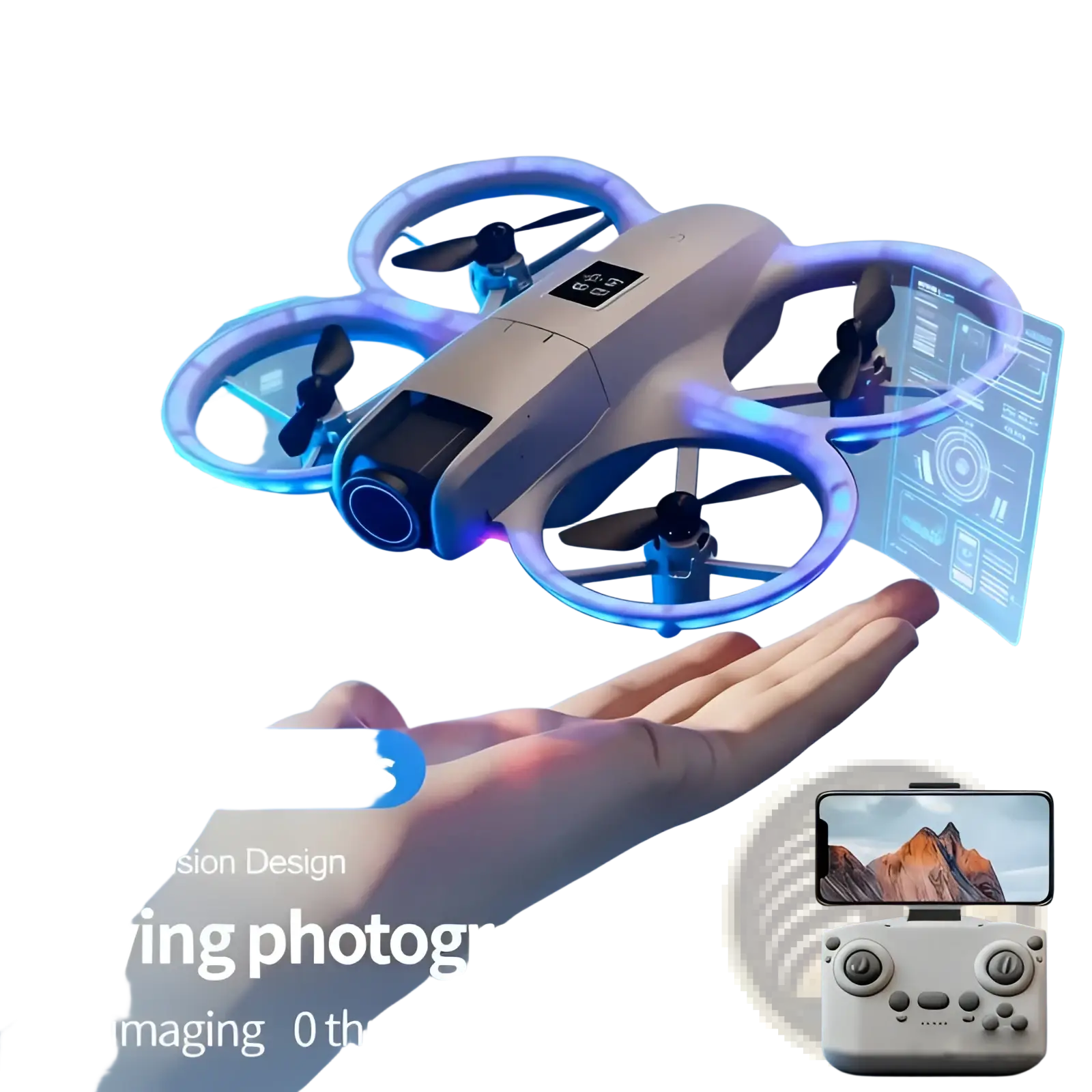 A sleek light gray dual camera quadcopter drone with blue glowing propeller rings and remote control functionality