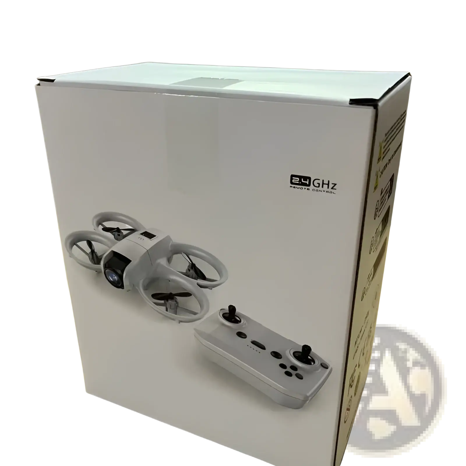 White box of dual camera quadcopter drone with matching remote control labeled 2.4 ghz for wireless use