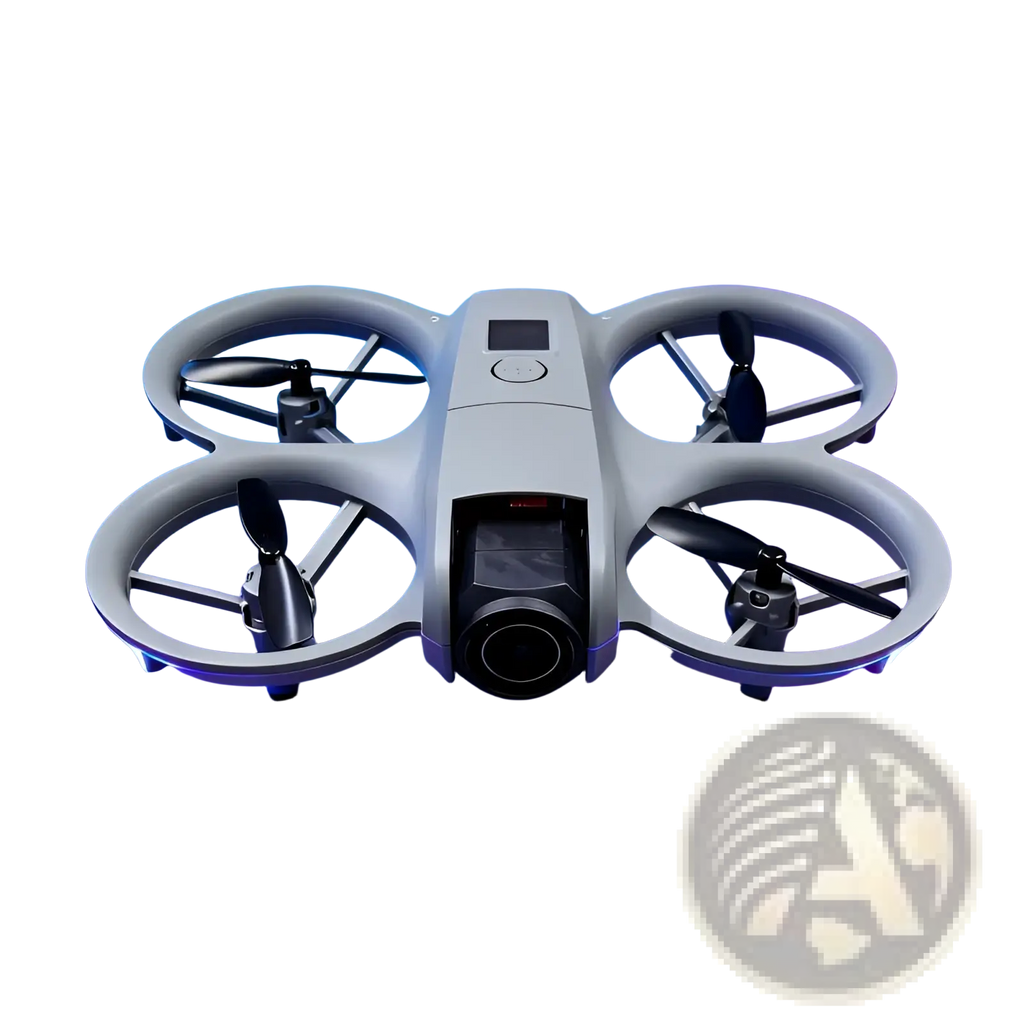 White dual camera quadcopter drone with black propellers and sleek circular frame designed for remote control use