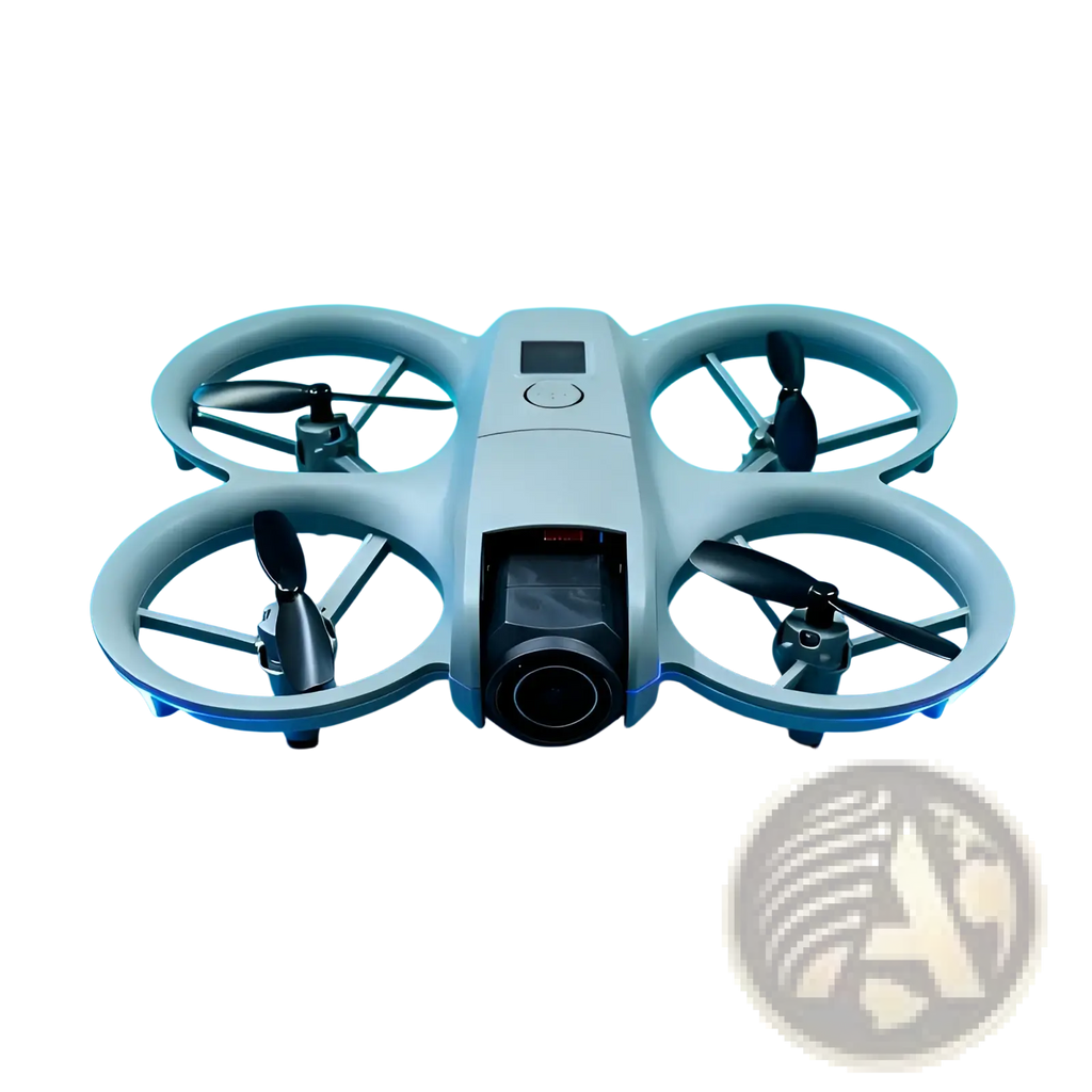 White dual camera quadcopter drone with remote control featuring a prominent camera lens and black propellers with sleek frames