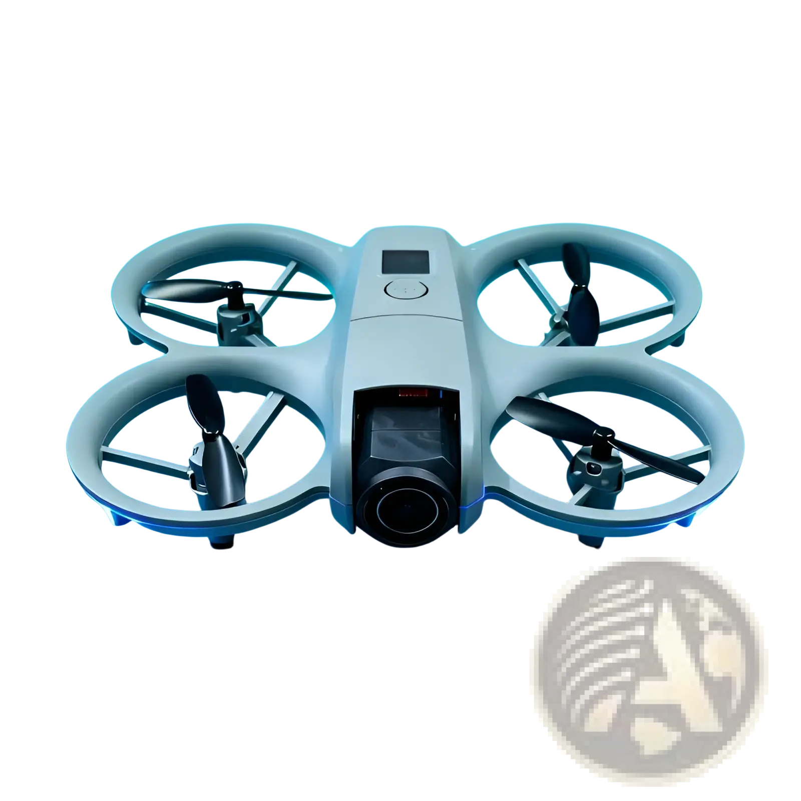 White dual camera quadcopter drone with remote control featuring a prominent camera lens and black propellers with sleek frames