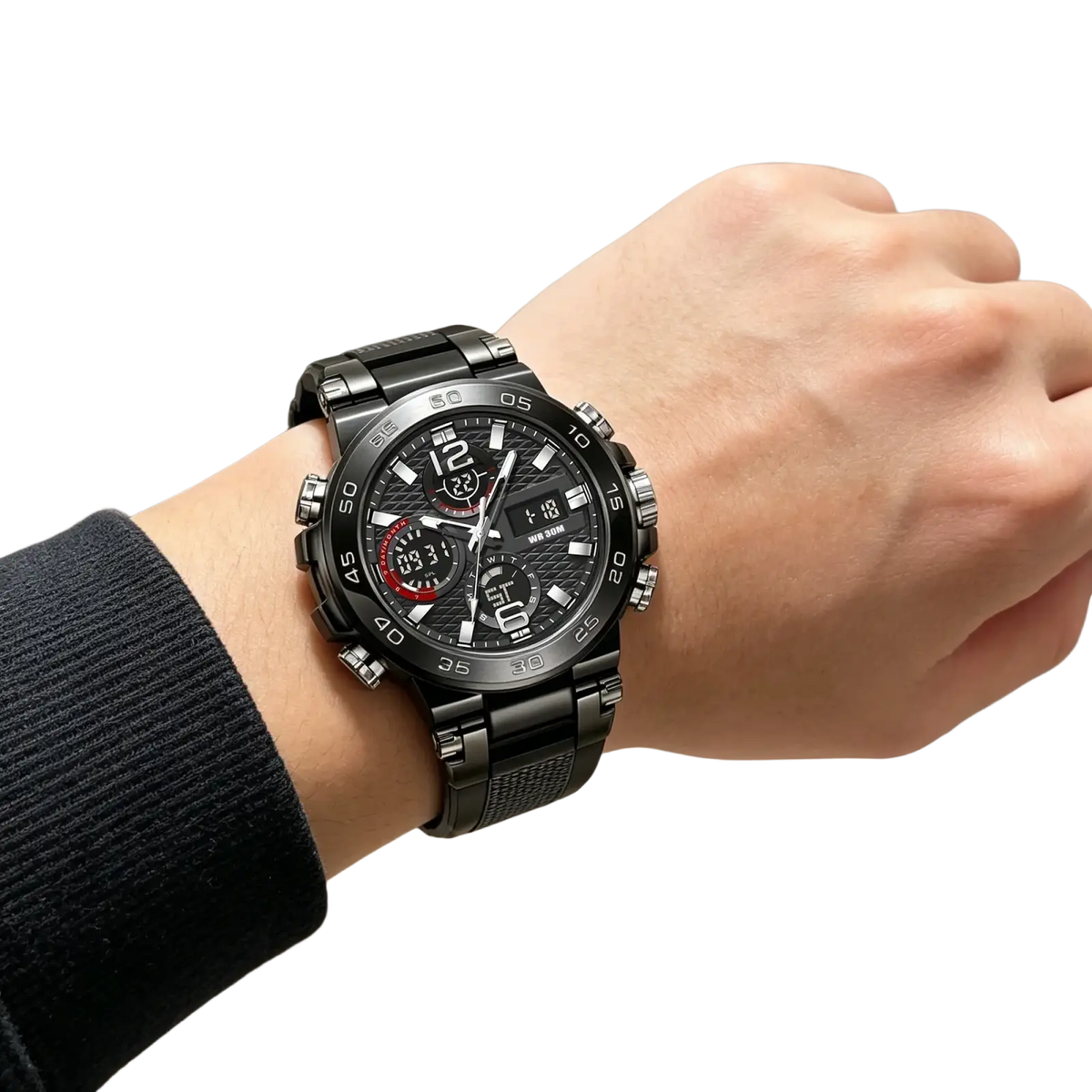 Dual display sports watch with black textured dial, red accents on subdials, and robust metallic band for active use