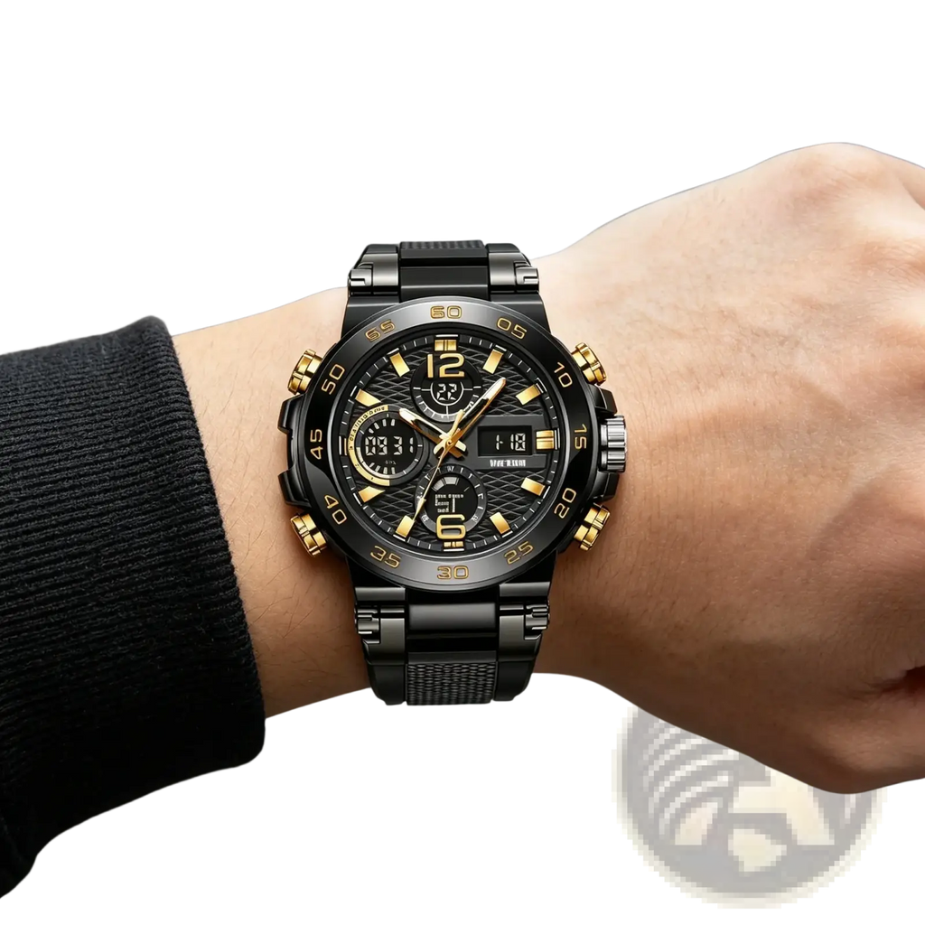 Black and gold dual display sports watch with digital-analog features and a black mesh bracelet