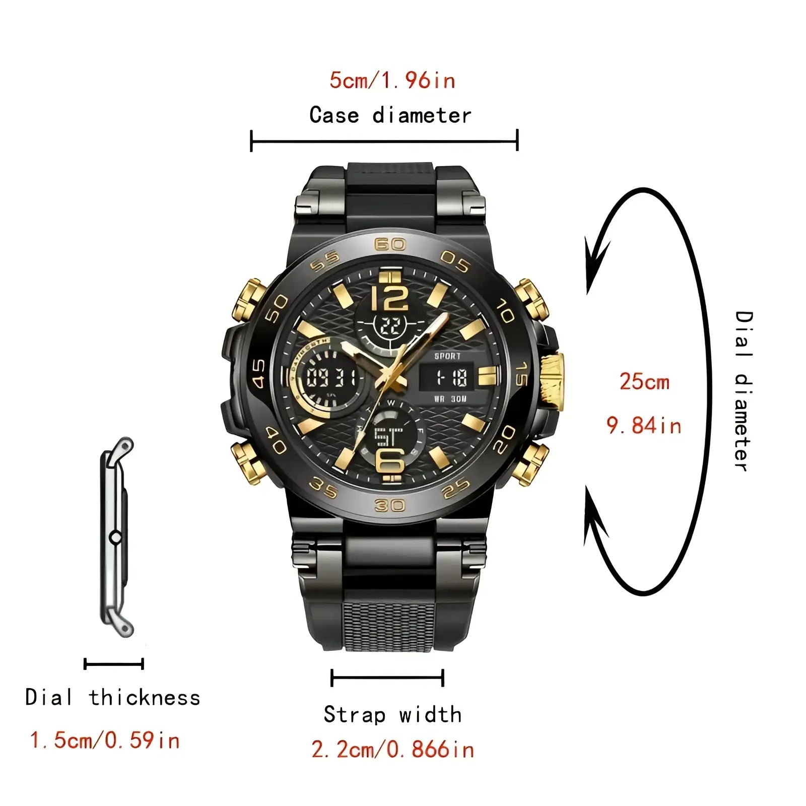 Dual display sports watch in black and gold with a mesh strap designed for active wear and style
