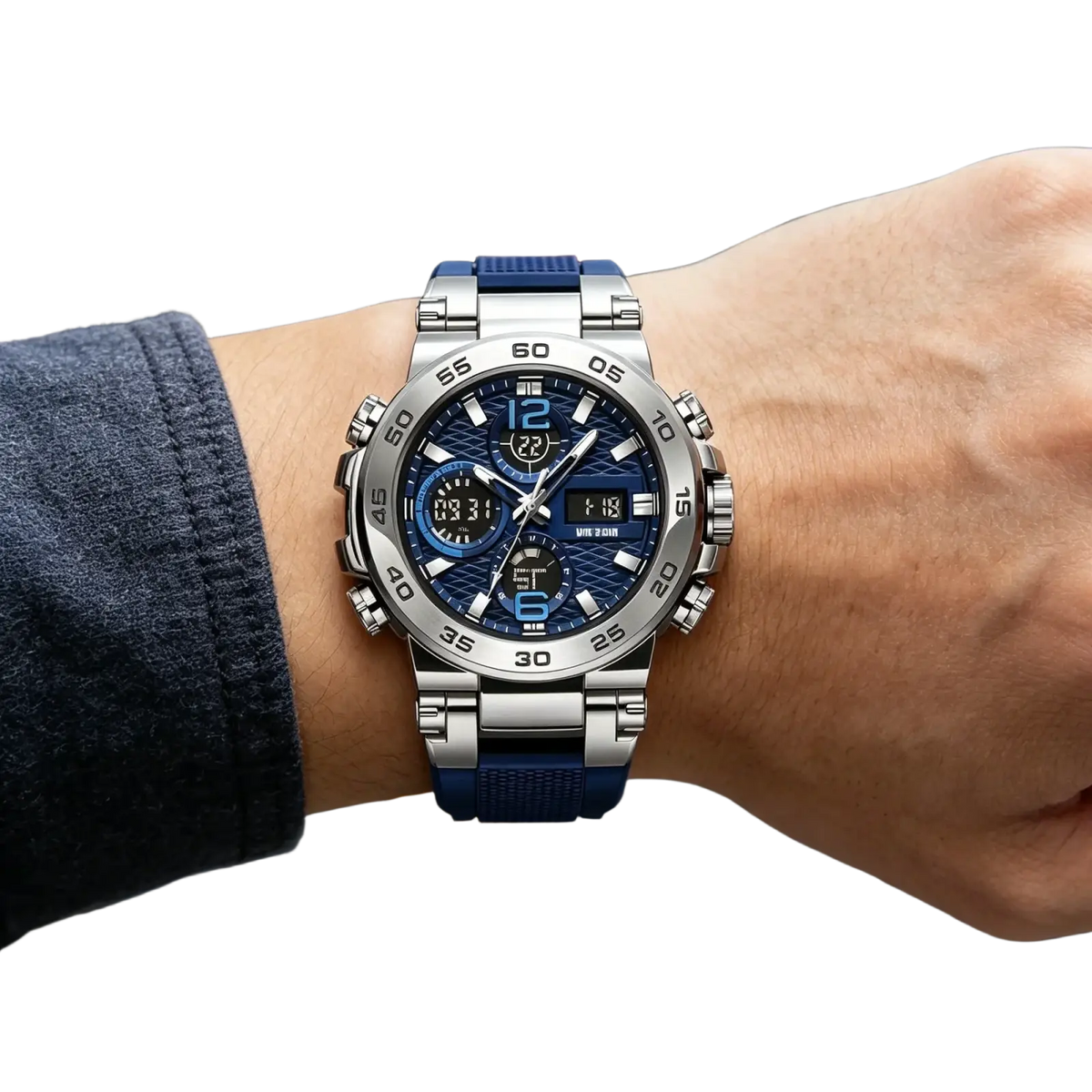 Dual display sports watch with blue textured dial, silver stainless steel case and bracelet for active use