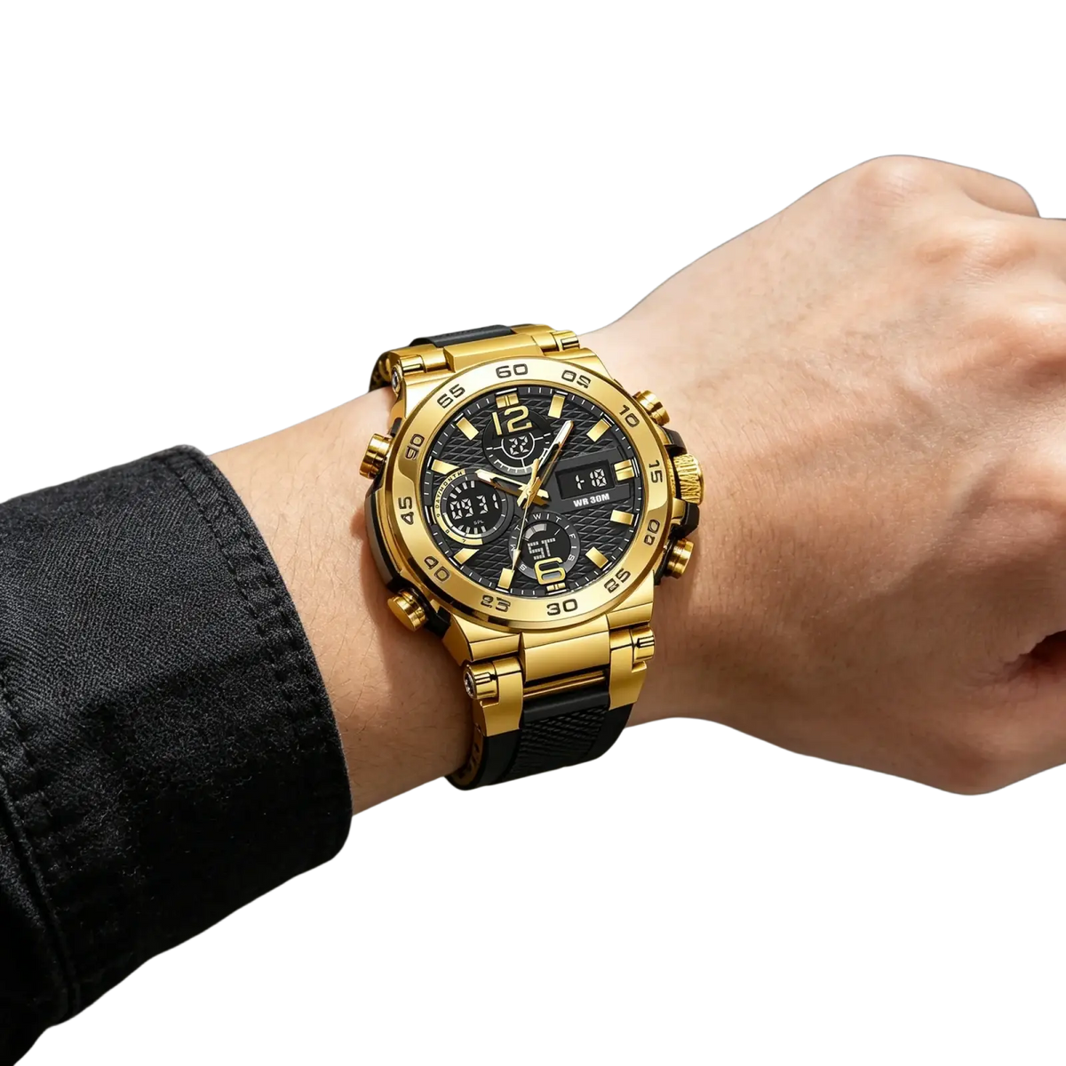 Gold-toned dual display sports watch with black dial and textured rubber strap for active use and style