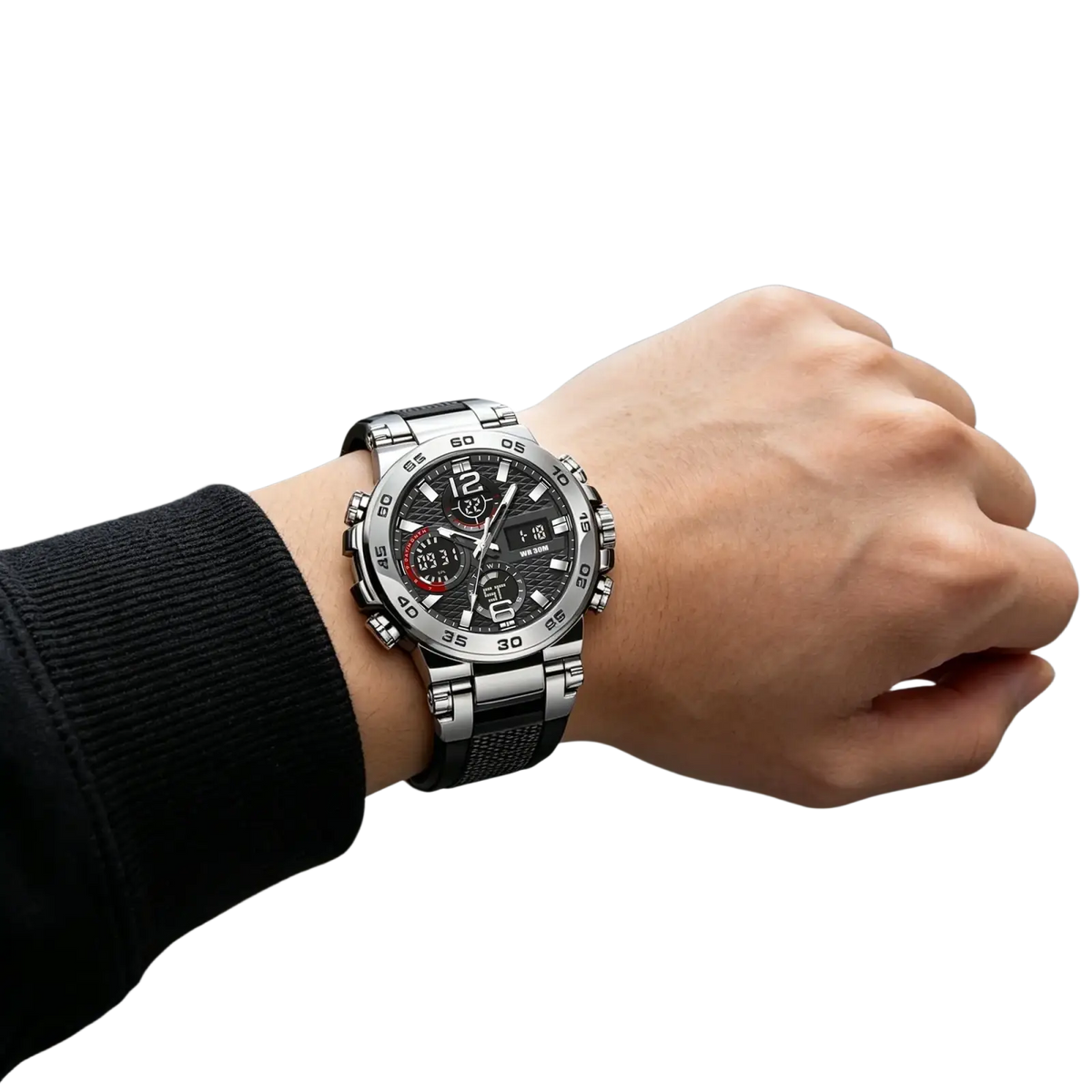 Dual display sports watch with silver-toned digital-analog dial, red accents, and black textured strap for active use