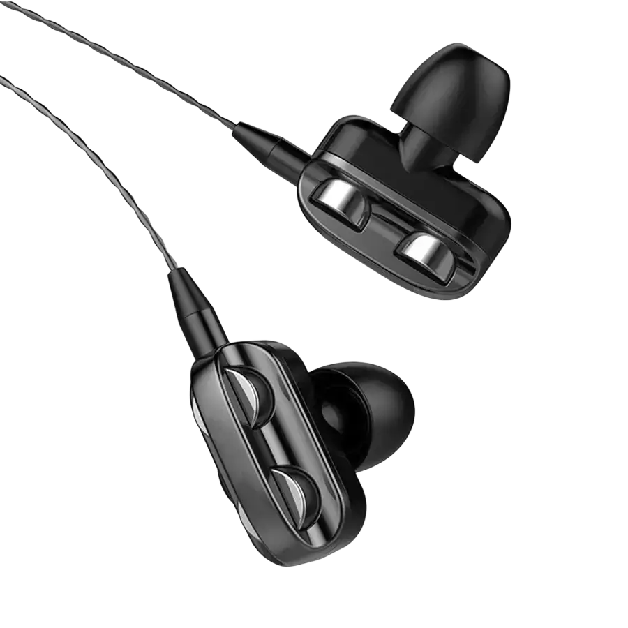 Black dual driver bass stereo gaming in-ear headphones with mic featuring sleek glossy plastic and silver accent buttons