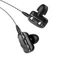 Black dual driver bass stereo gaming in-ear headphones with mic featuring sleek glossy plastic and silver accent buttons