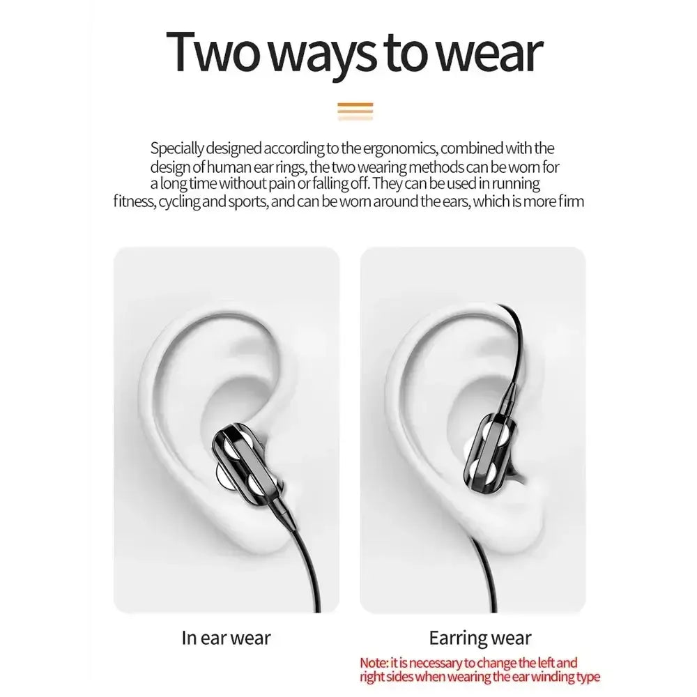 Black and silver dual driver bass stereo in-ear earphones with ergonomic design for secure sports fit and mic