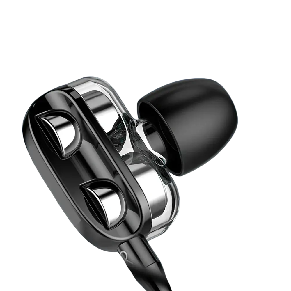 Black and silver dual driver bass stereo gaming earphones with mic featuring sleek metallic finish and inlay design