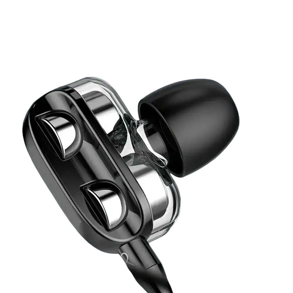 Black and silver dual driver bass stereo gaming earphones with glossy metallic casing and soft silicone eartip
