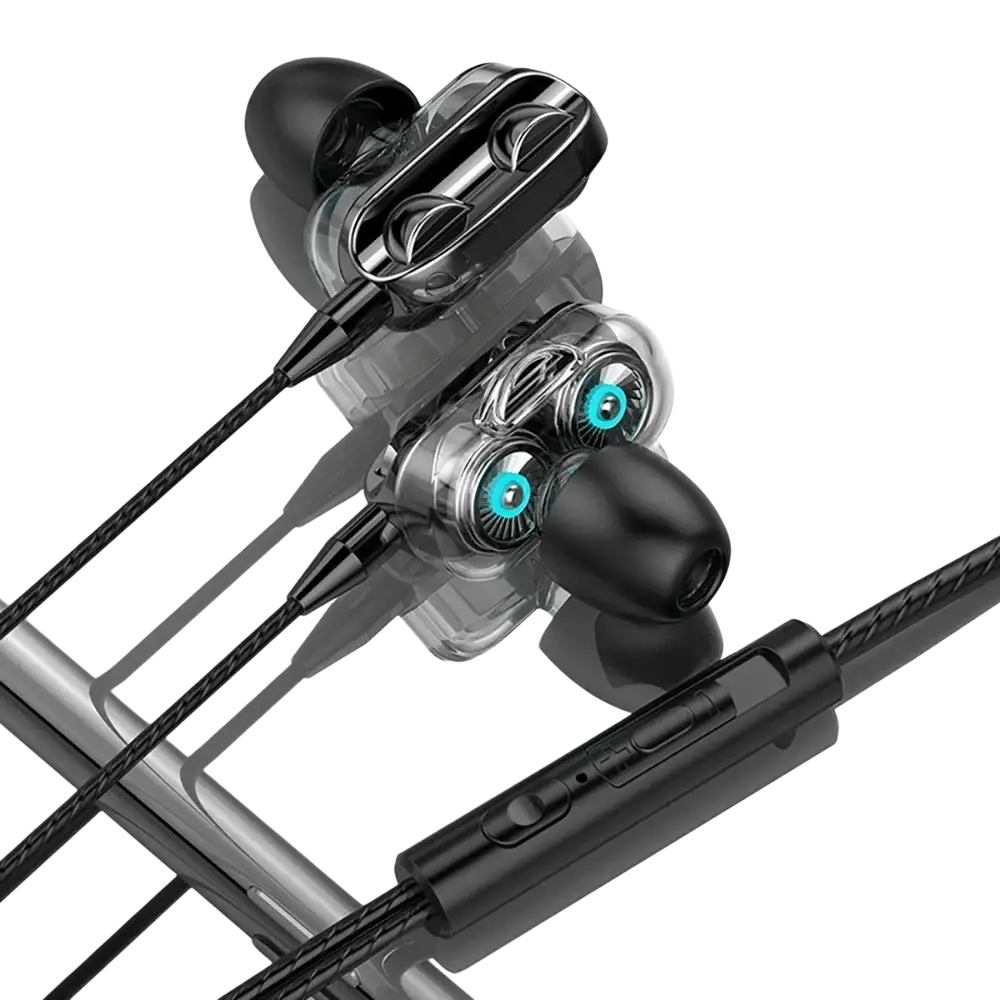 Black and transparent dual driver bass stereo gaming earphones with mic featuring blue glowing drivers and 3.5mm aux cable