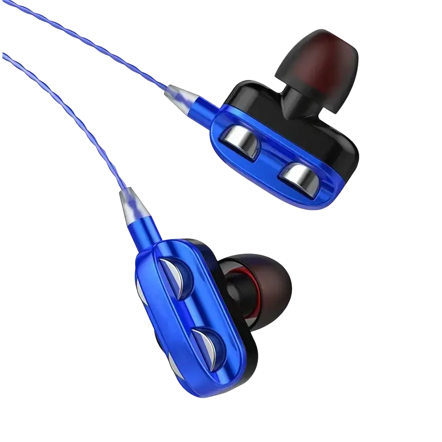 Blue in-ear dual driver bass stereo gaming earphones with mic featuring black accents and silver control buttons