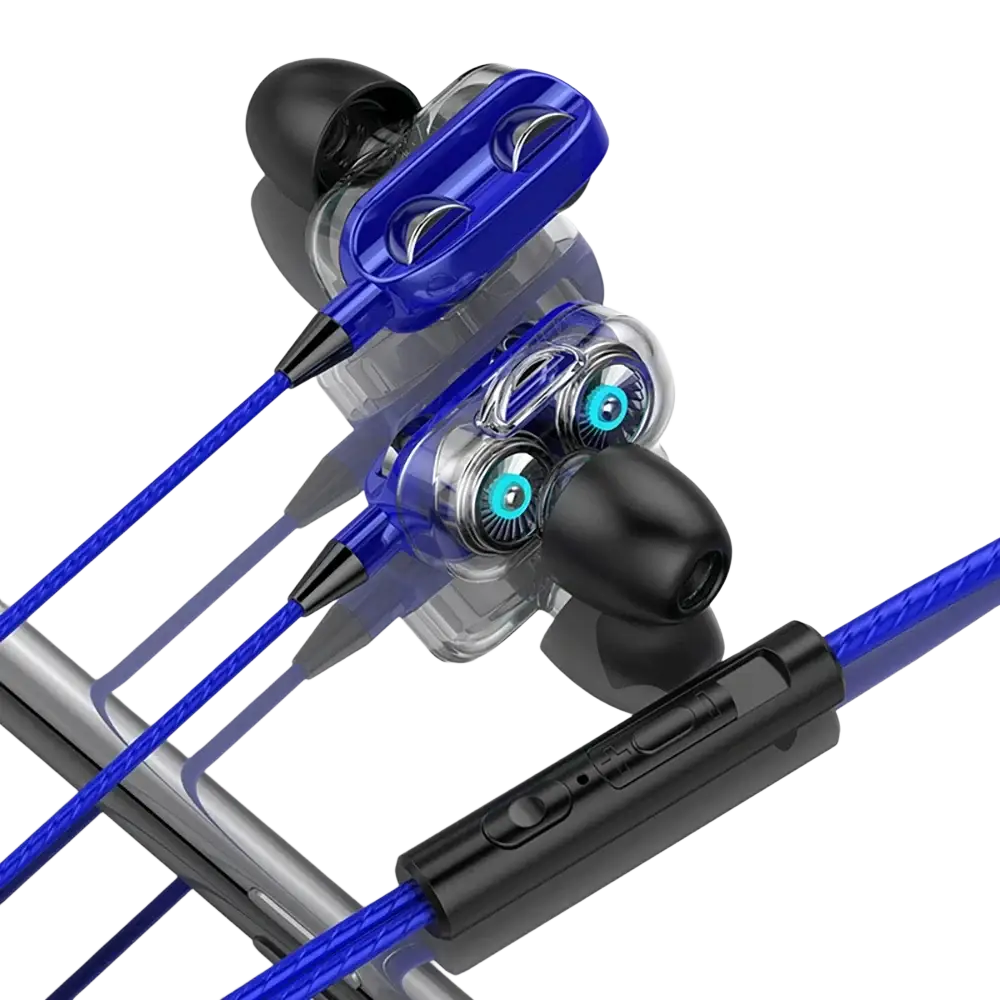 Blue and transparent wired dual driver bass stereo gaming earphones with 3.5mm aux cable and integrated mic